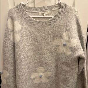 Miracle Gray Floral Crewneck Sweater with Blue Pom Accents